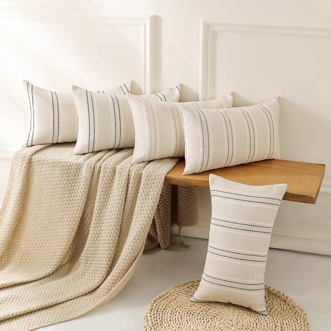 Hckot Throw Pillow Covers 12x20 Set of 2 Striped Pillow Covers Textured Linen - Image 5
