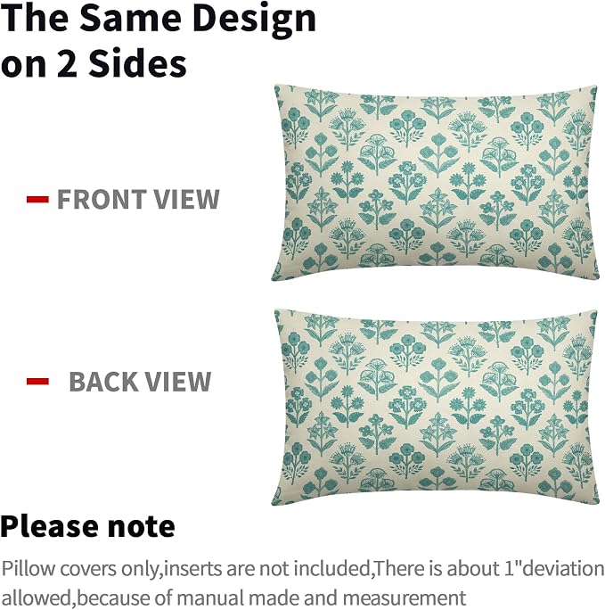 Teal Floral Pillow Covers 12x20 Inch Set of 2, Block Print Lumbar Flower Cream - Image 4