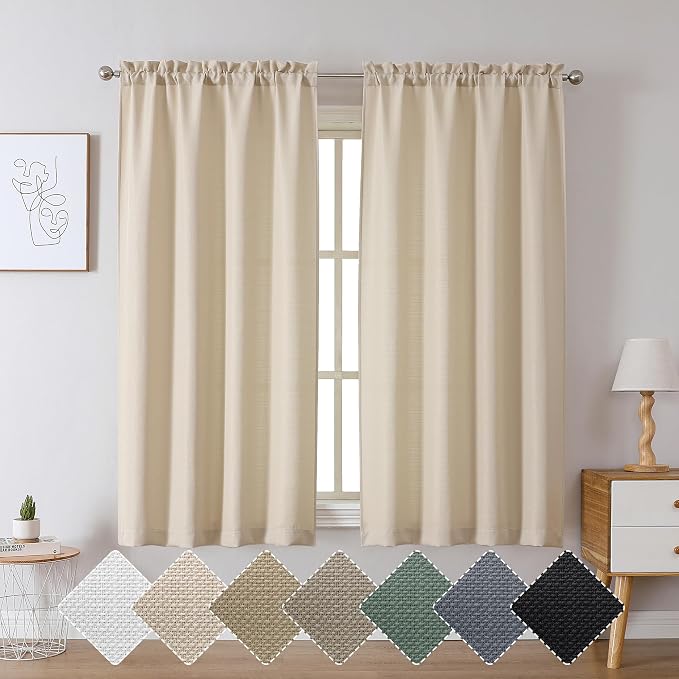 Chyhomenyc Bedroom Curtains 54 Inch Length 2 Panels, Faux Linen Textured Semi - Image 2