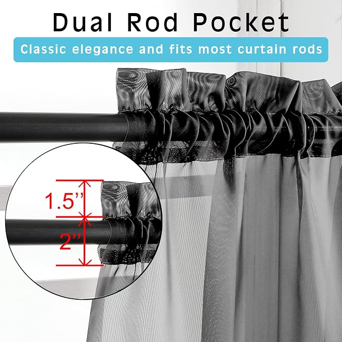OVZME Black Sheer Curtains 36 inches Long, Short Kitchen Window Treatment Solid - Image 3