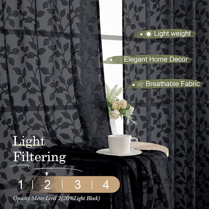 Chyhomenyc Black Sheer Curtains 36 Inch Length, Light Filtering Leaf Tufted - Image 2