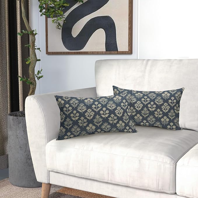 Dusty Blue Pillow Covers 12x20 Inch Set of 2, Cream Floral Block Print Pattern - Image 6