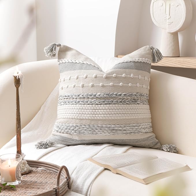 BlissBlush Gray Boho Decorative Throw Pillow Cover 20x20 Square Farmhouse - Image 5