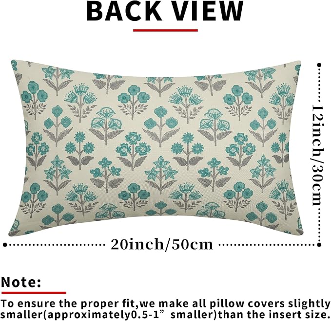 Teal Grey Gray Floral Pillow Covers 12x20 Inch Set of 2, Block Print Lumbar - Image 3