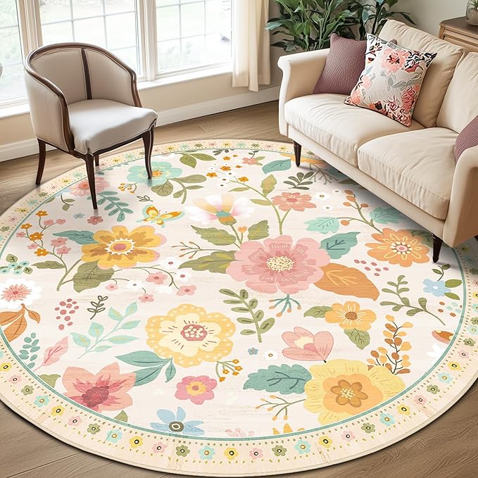 RELEANY Floral Nursery 8ft Area Rugs Washable Print Boho Cute Carpet Non Slip by RELEANY