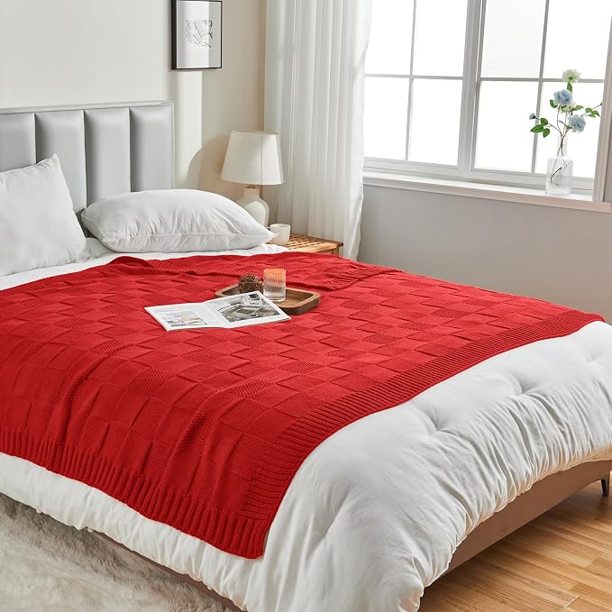 CozeCube Check Knit Throw Blanket, Christmas Red Checkered Bedroom Blanket - Image 4