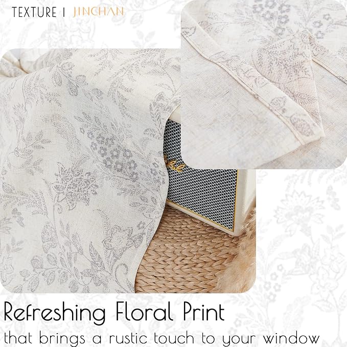 JINCHAN Linen Valance Curtain Farmhouse Grey Floral Printed Small Window Curtain - Image 8