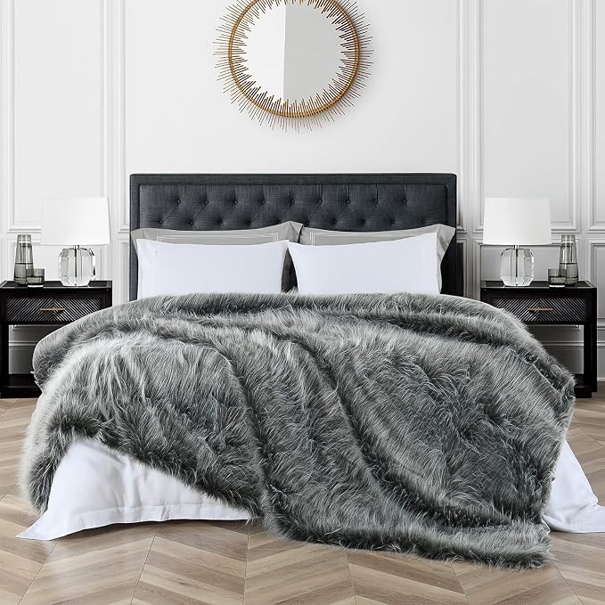Luxury Faux Fur Blanket King Size, Ultra Big Grey and Black High Pile Mixed - Image 3