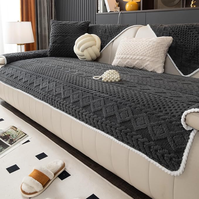 Geometric Jacquard Plush Warm Sofa Couch Cover, Soft Funny Fuzzy Couch Covers by MDSASFD