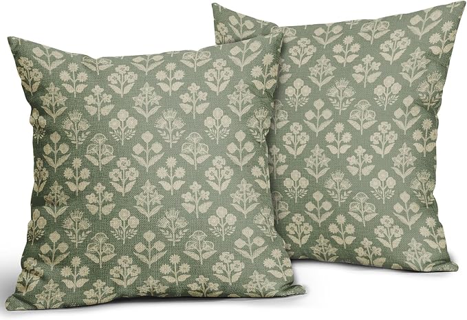 Sage Green Floral Block Print Pillow Covers 20x20 Inch Set of 2, Vintage Flower - Image 2