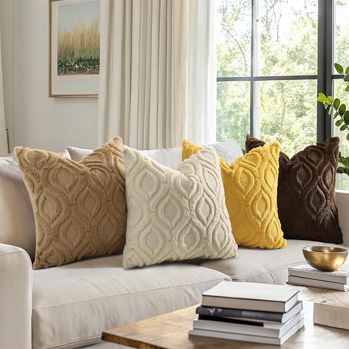decorUhome Throw Pillow Covers 18x18 Inch Set of 2, Soft Plush Faux Wool Khaki - Image 2