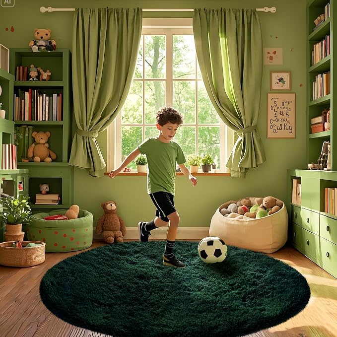 CAIYUECS Dark Green Round Rug for Bedroom: 4x4Feet Soft and Fluffy Area Rug for by CAIYUECS