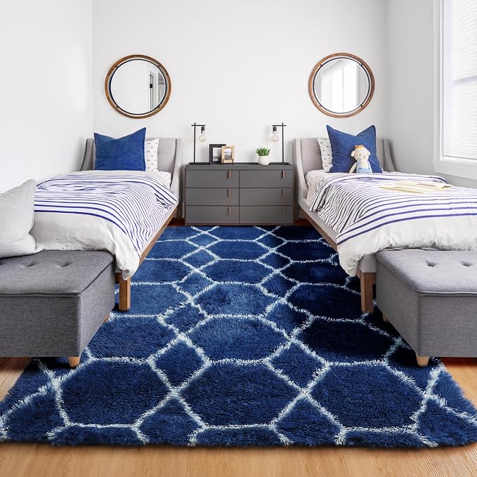 ONASAR Large 6x9 Area Rugs for Living Room, Fluffy Geometric Navy and White Rug - Image 4