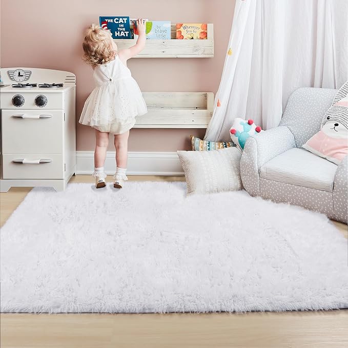 White Area Rugs for Bedroom Living Room, Fluffy Shag Rug 5x7 for Kids Room Decor - Image 5