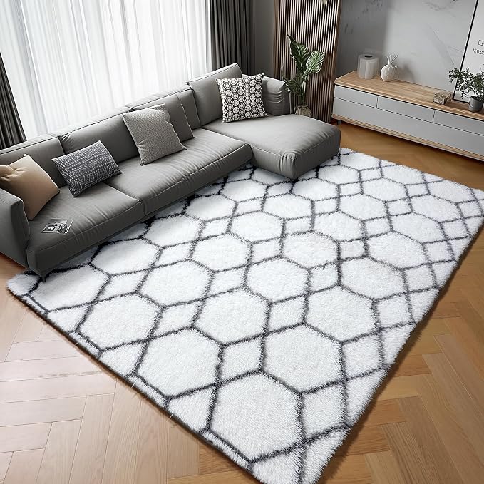 ONASAR Area Rugs for Bedroom Living Room, Fluffy 4x6 White and Grey Throw Rug - Image 3