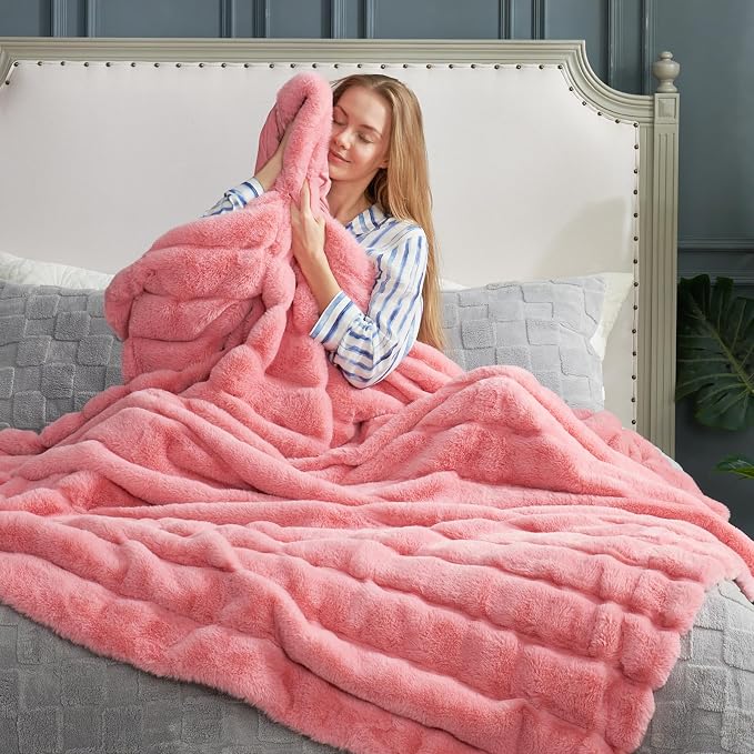 Cozy Bliss Deluxe Sheared Rabbit Faux Fur Throw Blanket, Soft Fuzzy High-Low - Image 2