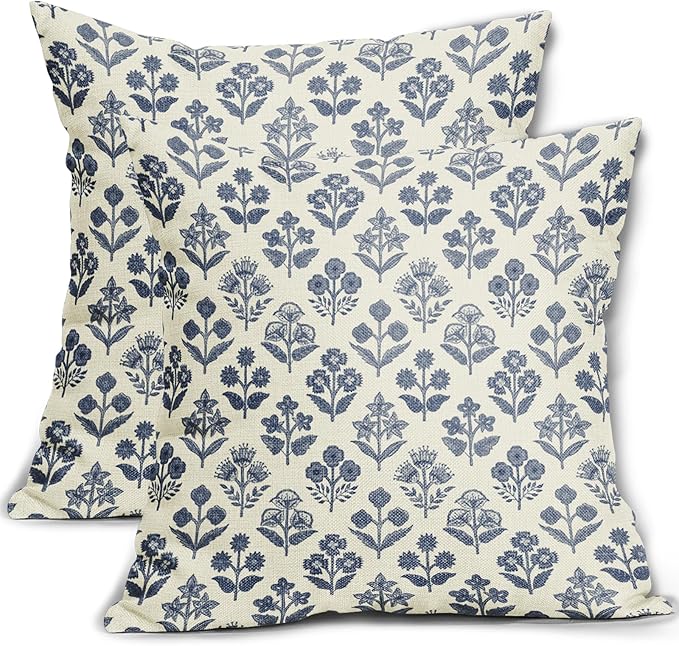 Dark Blue Floral Pillow Covers 22x22 Inch Set of 2, Vintage Flower Block Print by Sivirary