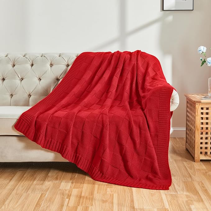 CozeCube Check Knit Throw Blanket, Christmas Red Checkered Bedroom Blanket - Image 5
