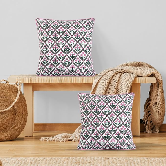 Ridhi Block Print Pink and White Pillow Cover 18" x 18" Decorative Couch Pillows - Image 2