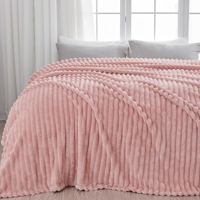 NEWCOSPLAY Super Soft Queen Blanket Pink Premium Silky Flannel Fleece 3D Ribbed - Image 2