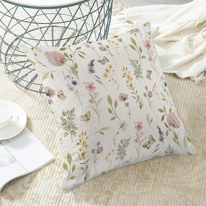 Spring Pillow Covers 18x18 Inch Set of 2, Sage Green Pink Wild Flower Throw - Image 4