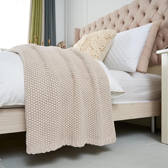 Chunky Cable Knit Throw Blanket Lightweight Beige 100% Organic Cotton Blanket - Image 8