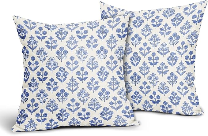 Blue Floral Block Print Pillow Covers 16x16 Inch Set of 2, Vintage Flower - Image 2