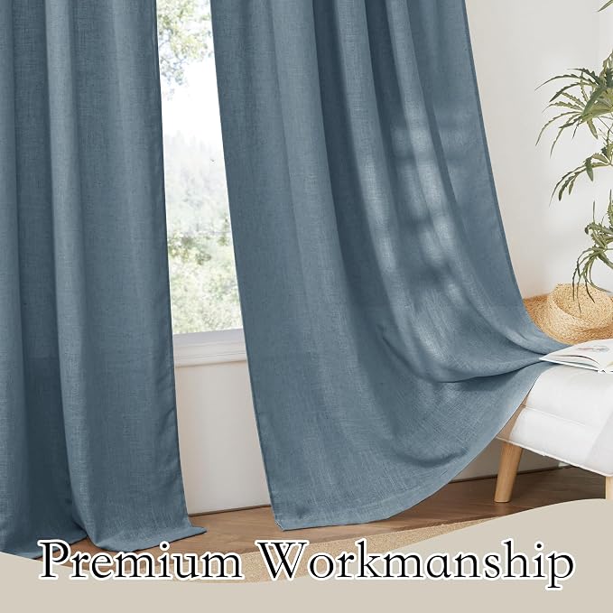 RYB HOME Stone Blue Semi Sheer Curtains, Natural Linen Blend Drapes Light - Image 4