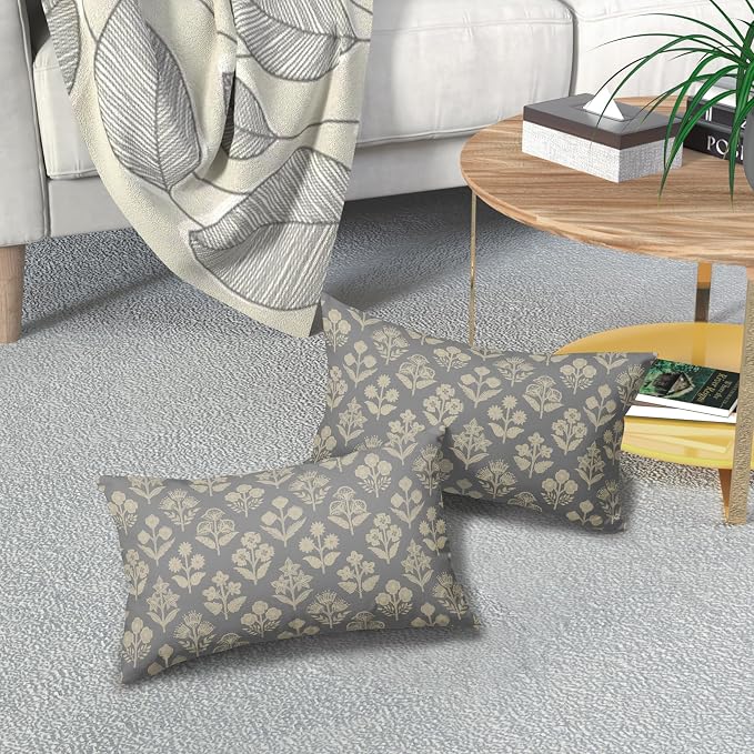 Grey Gray Pillow Covers 12x20 Inch Set of 2, Cream Floral Block Print Pattern - Image 7