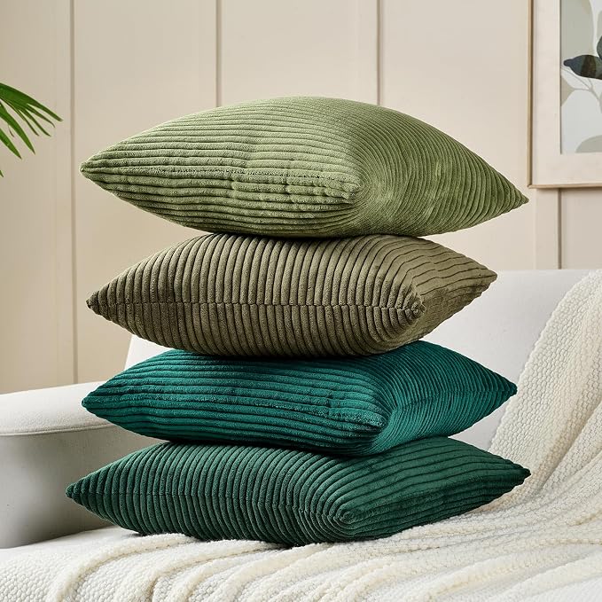 Volcanics Set of 4 Dark Green Corduroy Decorative Couch Throw Pillow Covers - Image 4