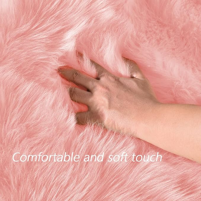 Latepis Pink Faux Sheepskin Round Rugs 6.7ft Cute Furry Rug - Image 4
