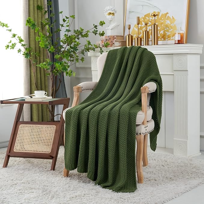 Chunky Cable Knit Throw Blanket Lightweight Olive Green 100% Organic Cotton - Image 2