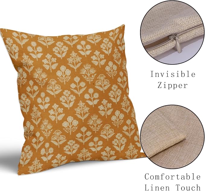 Mustard Yellow Floral Block Print Pillow Covers 18x18 Inch Set of 2, Vintage - Image 4
