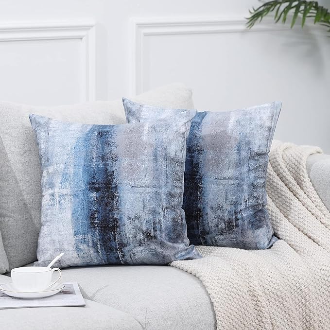 Blue and Grey Throw Pillow Cover Pack of 2, Abstract Art Gallery Modern - Image 3