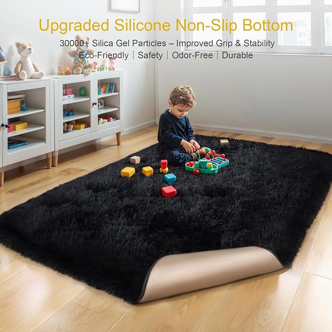 KICHOWUA Thick Area Rug Black Fluffy Shag 5x7 - Image 4