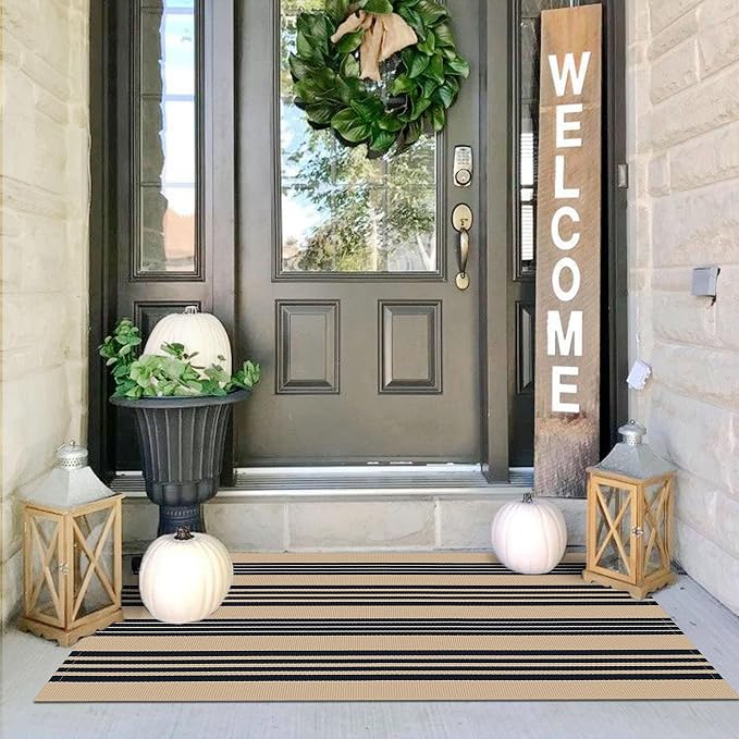 IOHOUZE Striped Area Rug 2'x4.3' Tan and Black Front Door Rugs Small Washable by iOhouze