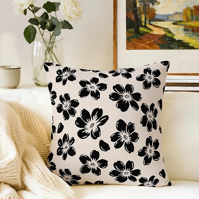 Decorative Black Floral Throw Pillow Covers 18 x 18 Inch Set of 2 - Image 5