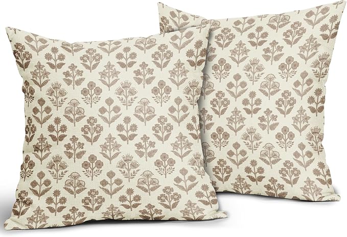 Brown Floral Pillow Covers 22x22 Inch Set of 2, Vintage Flower Block Print - Image 2