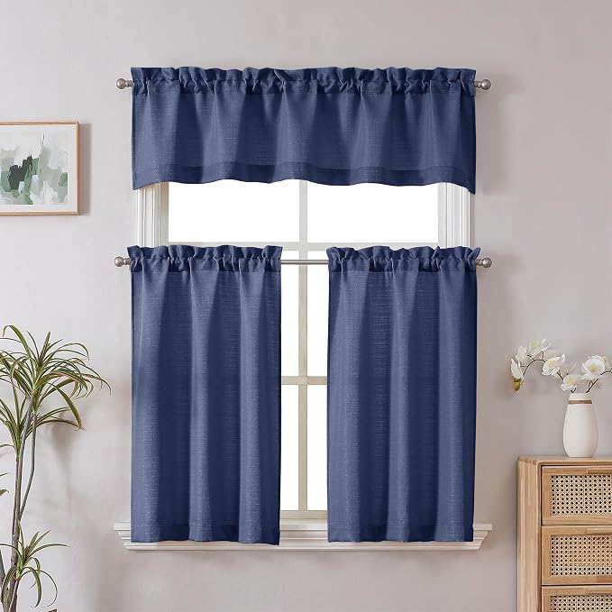 Chyhomenyc Bennet 2 Panels Blue Kitchen Curtains 36 Inch Length Tier Curtain - Image 2