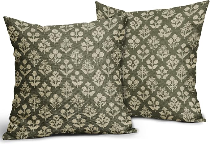 Olive Green Floral Pillow Covers 22x22 Inch Set of 2, Vintage Flower Block - Image 2