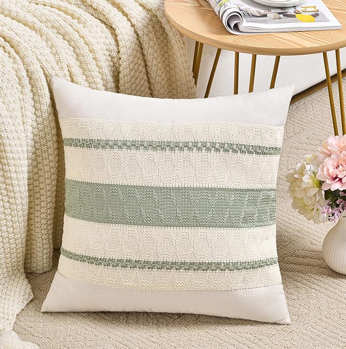 Fancy Homi Set of 1 Sage Green Boho Decorative Throw Pillow Covers 18x18 Inch by Fancy+Homi