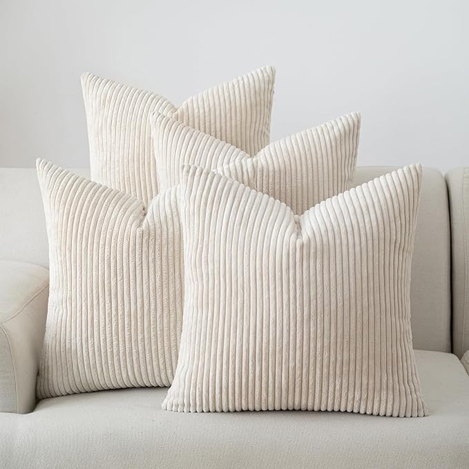 Volcanics Set of 4 Beige Cream Corduroy Decorative Couch Throw Pillow Covers - Image 7