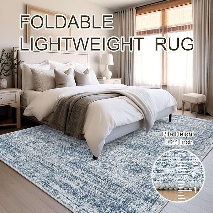 5x7 Area Rugs Blue Low Pile Indoor Washable Trendy Faded Style Rugs - Image 8
