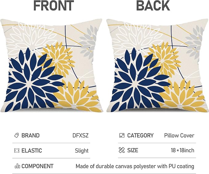 Outdoor Pillow Covers 18x18 Inch Set of 2 Navy Blue Yellow Outdoor Waterproof - Image 7