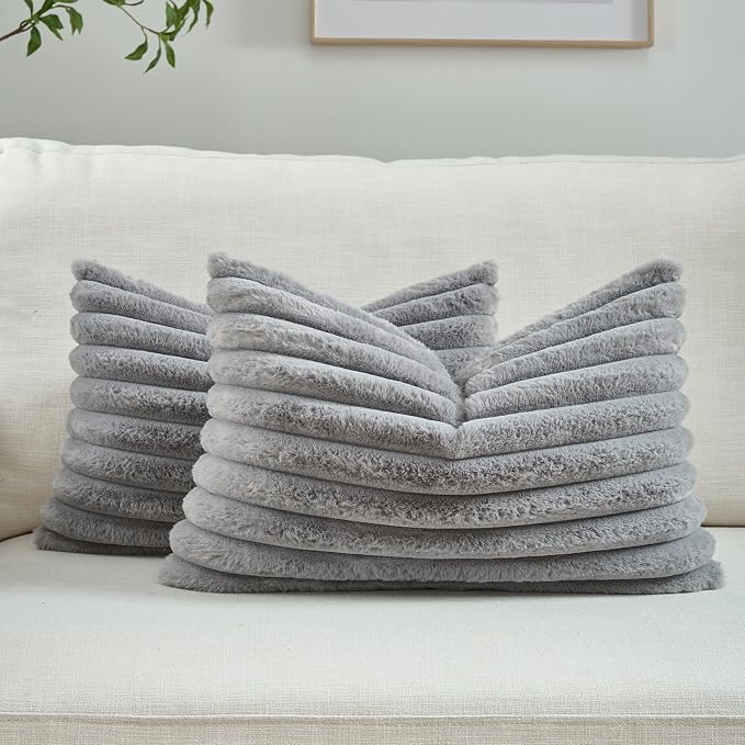 FUTEI Grey Decorative Throw Pillow Covers Set of 2, 12x20 Inch Soft Fluffy Faux by FUTEI