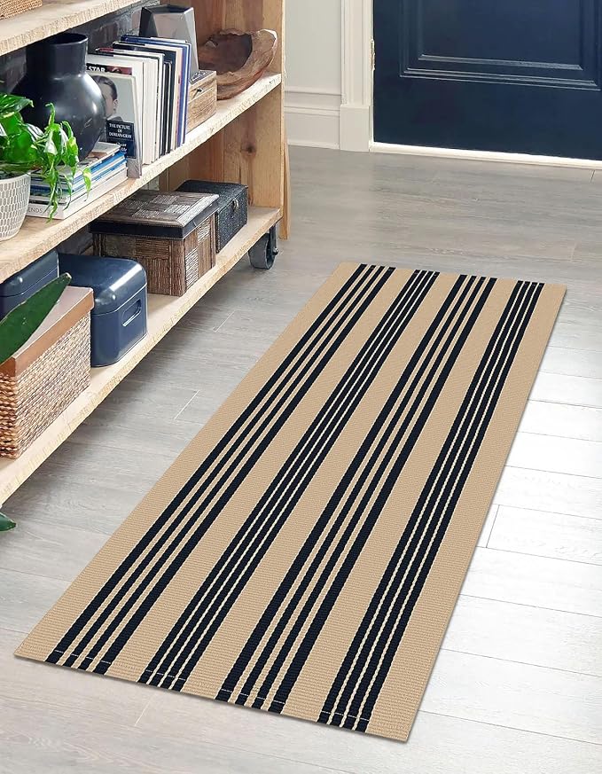 IOHOUZE Striped Area Rug 2'x4.3' Tan and Black Front Door Rugs Small Washable - Image 2