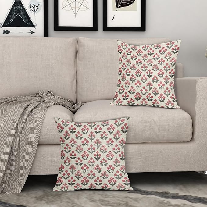 Black Red Christmas Floral Block Print Pillow Covers 20x20 Inch Set of 2 - Image 3