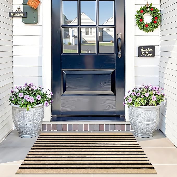 OLANLY Brown and Black Striped Rug 2' x 3' – Washable Cotton Doormat by OLANLY