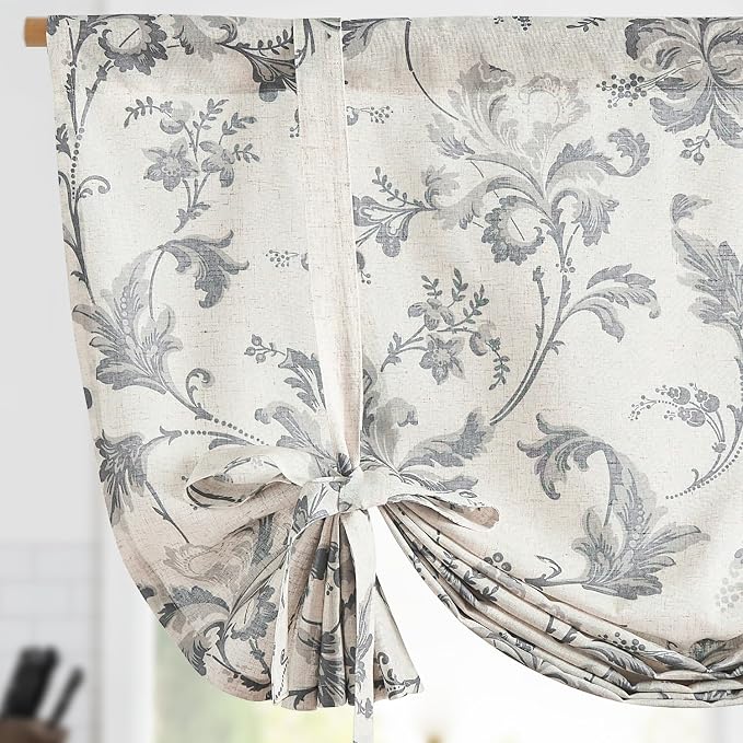 jinchan Tie Up Valance Curtain Floral Linen Gray by JINCHAN