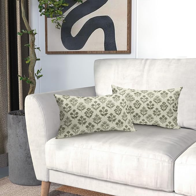 Olive Green Floral Pillow Covers 12x20 Inch Set of 2, Block Print Lumbar Flower - Image 6